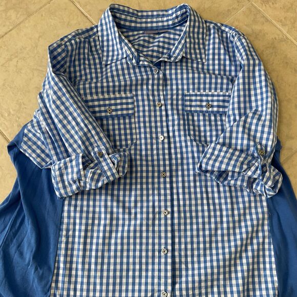 Laura Scott Gingham Blouse top women 3X roll tab sleeves button up w pockets - Picture 8 of 8